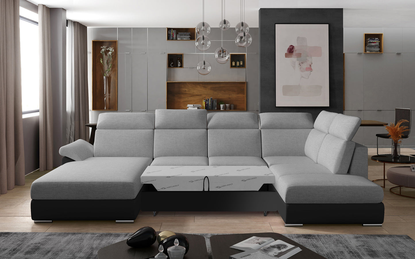 Nowoczesny narożnik do salonu Evanell z tapicerką Sawana 21 w kolorze szarym i Soft 11 w czerni wyróżnia się kontrastowym designem oraz funkcjonalnością, tworząc wygodną przestrzeń dla domowników i gości