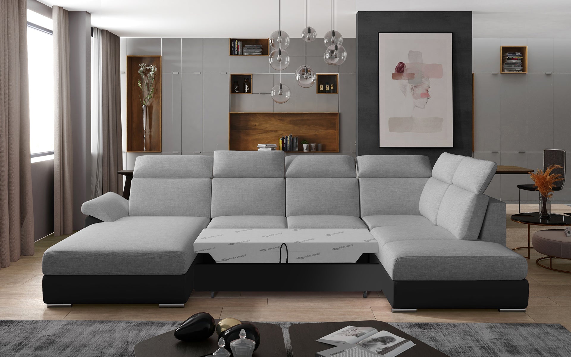 Nowoczesny narożnik do salonu Evanell z tapicerką Sawana 21 w kolorze szarym i Soft 11 w czerni wyróżnia się kontrastowym designem oraz funkcjonalnością, tworząc wygodną przestrzeń dla domowników i gości
