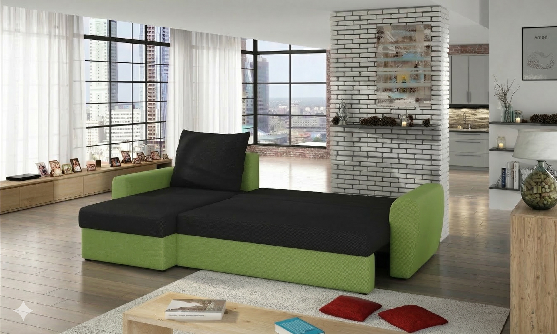 Sofa narożna Livio w kolorze czarnym i zielonym w nowoczesnym salonie