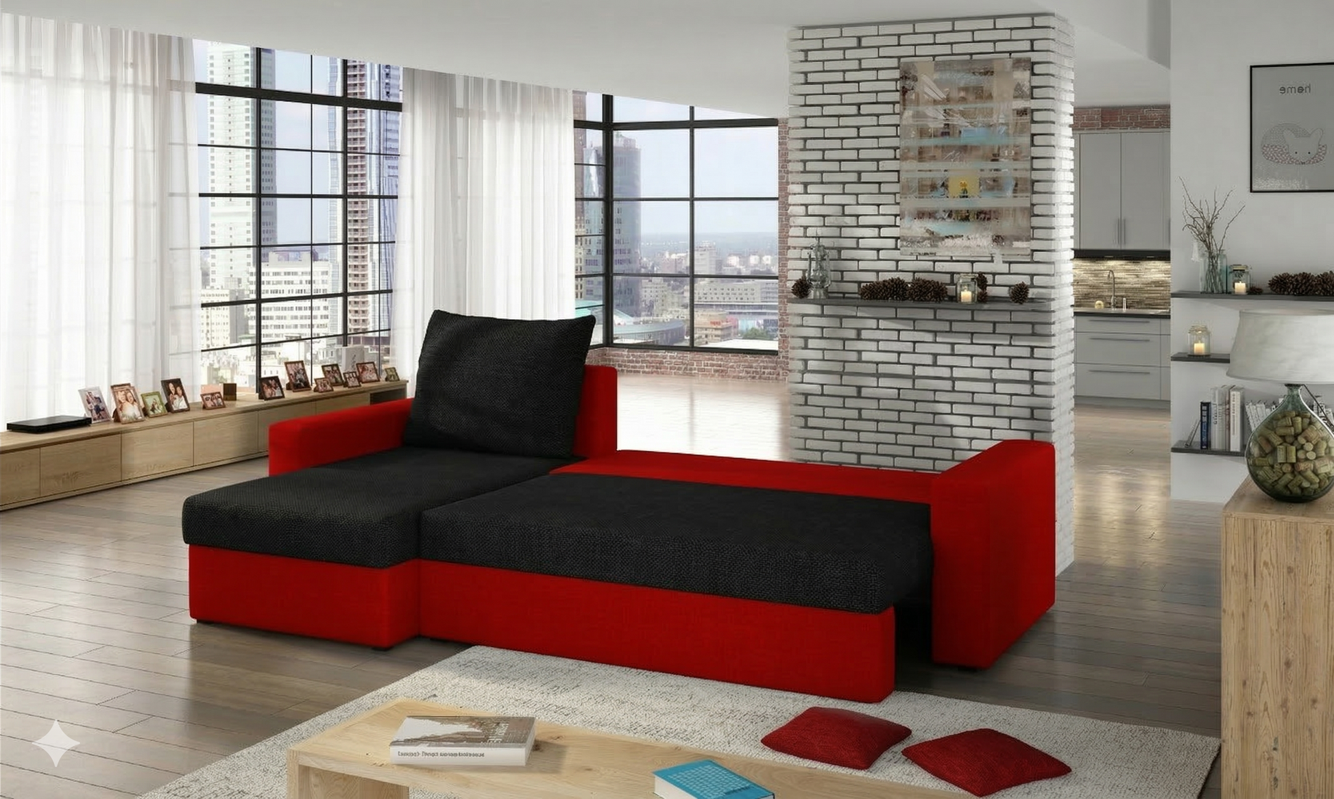 Sofa narożna Livio w kolorze czarnym i czerwonym w nowoczesnym salonie