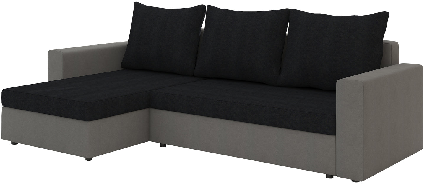 Sofa narożna Livio dwukolor: Alova 04 czarny / Alova 10 szary, układ uniwersalny — ujęcie produktowe na białym tle.