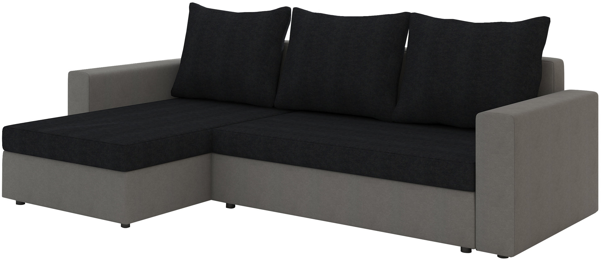 Sofa narożna Livio dwukolor: Alova 04 czarny / Alova 10 szary, układ uniwersalny — ujęcie produktowe na białym tle.