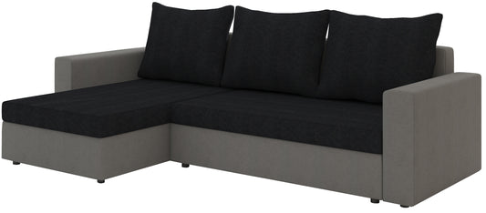 Sofa narożna Livio dwukolor: Alova 04 czarny / Alova 10 szary, układ uniwersalny — ujęcie produktowe na białym tle.