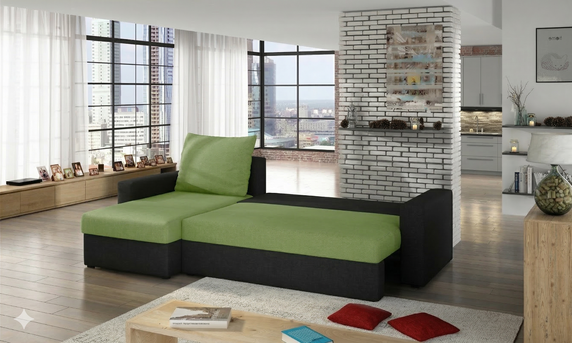 Sofa narożna Livio w kolorze zielonym i czarnym w nowoczesnym salonie