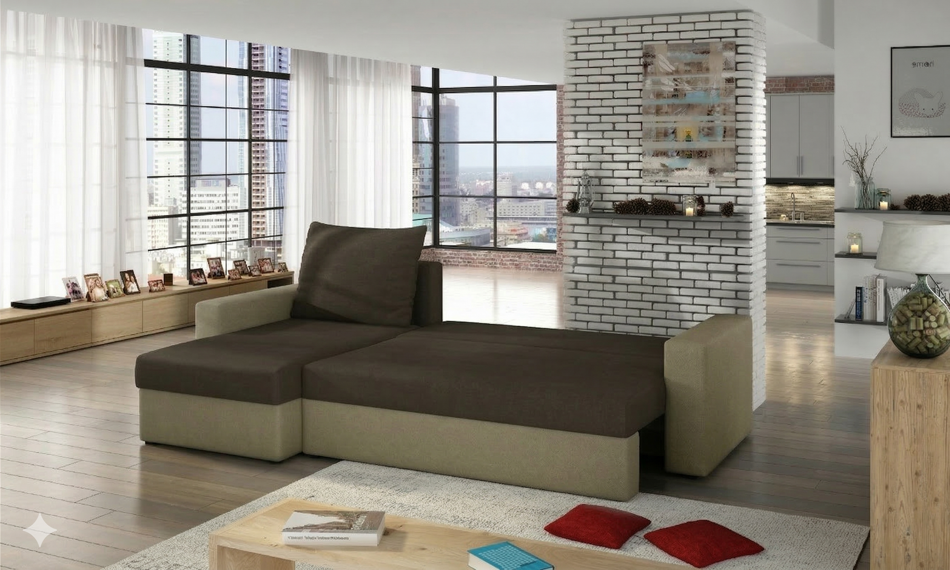 Sofa narożna Livio w kolorze ciemnobrązowym i beżowym w nowoczesnym salonie