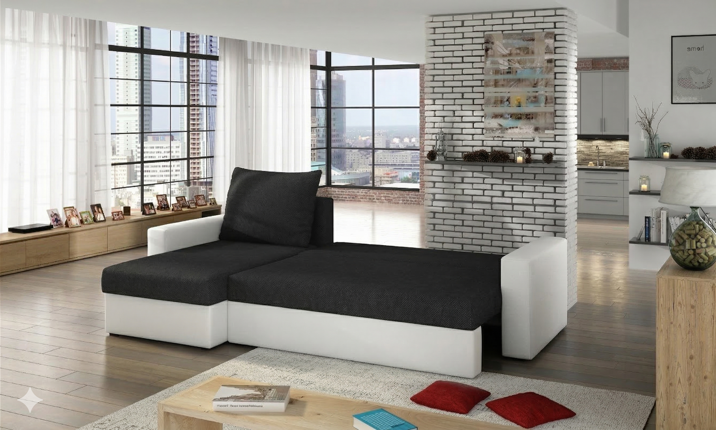 Sofa narożna Livio w kolorze czarnym i białym w nowoczesnym salonie