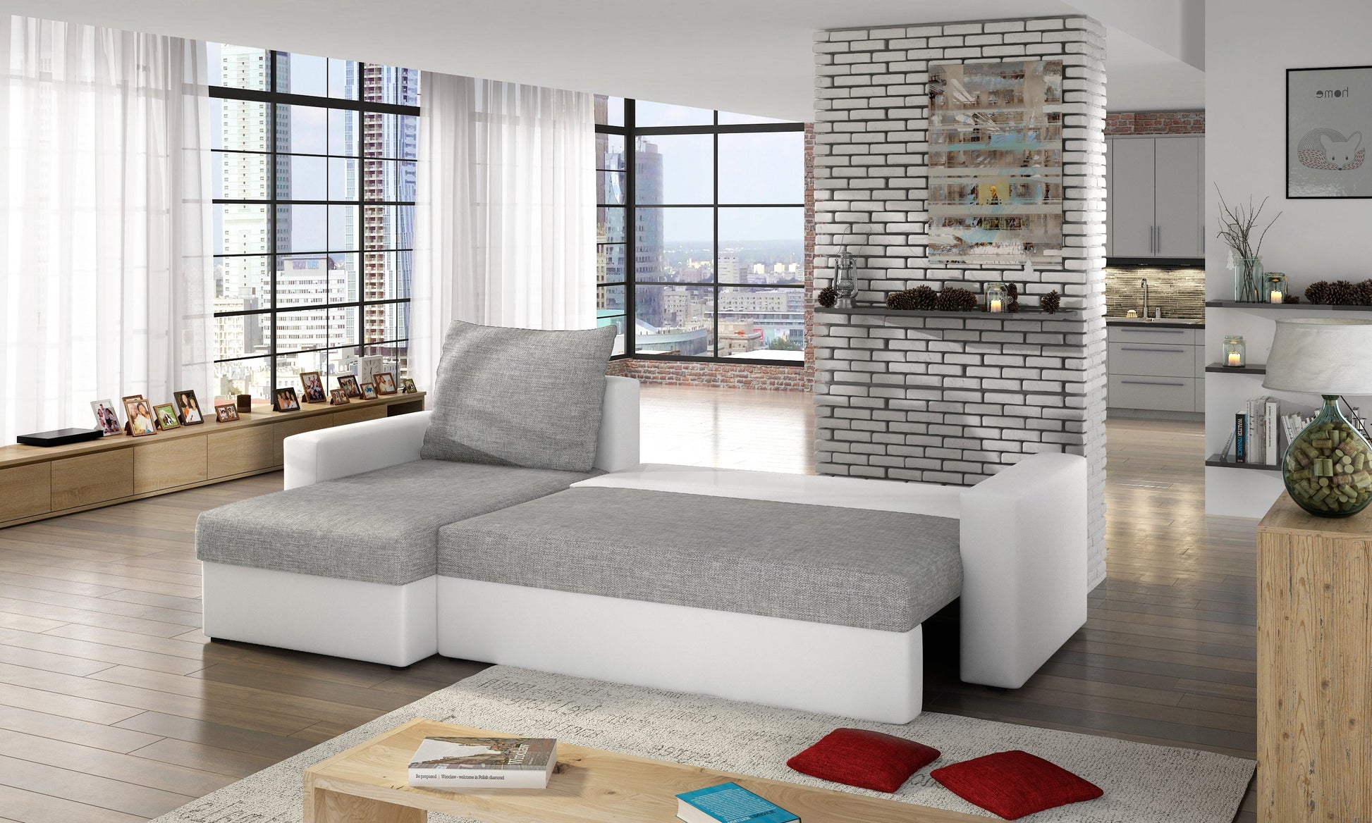 Sofa narożna Livio w kolorze szarym i białym w nowoczesnym salonie