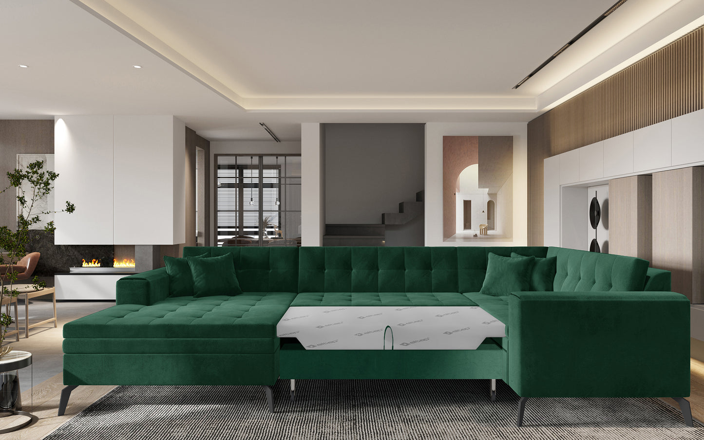 Narożnik do salonu Montez w odcieniu zieleni, tapicerowany tkaniną Loco 35, oferuje komfort użytkowania i nowoczesny design, dzięki czemu stanowi zarówno wygodne miejsce do wypoczynku, jak i dekoracyjny element wnętrza