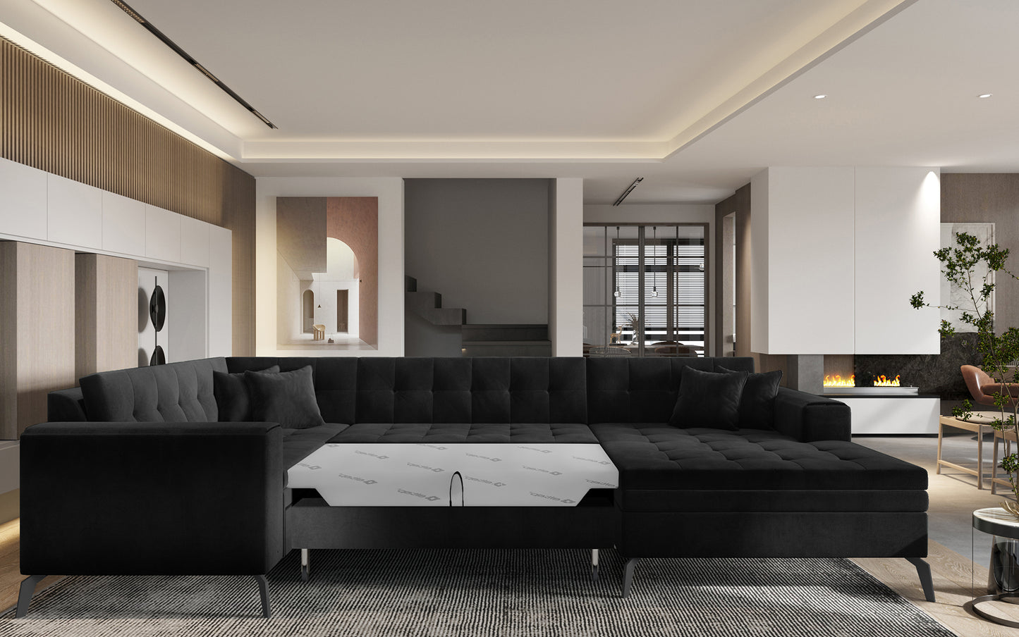 Narożnik do salonu Montez w odcieniu czerni, tapicerowany tkaniną Lukso 10, łączy funkcjonalność z eleganckim designem, tworząc komfortową przestrzeń do relaksu i wyrazisty element wystroju wnętrza