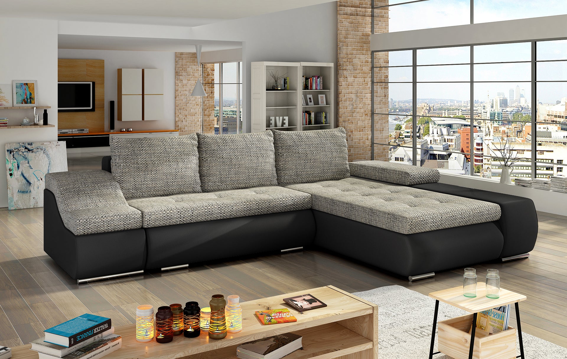 Szaro-czarna sofa narożna Ontario wykonana z materiałów Berlin 01 i Soft 11 to praktyczny wybór do salonu, który łączy komfort użytkowania z wyrazistym designem dopasowanym do nowoczesnych wnętrz