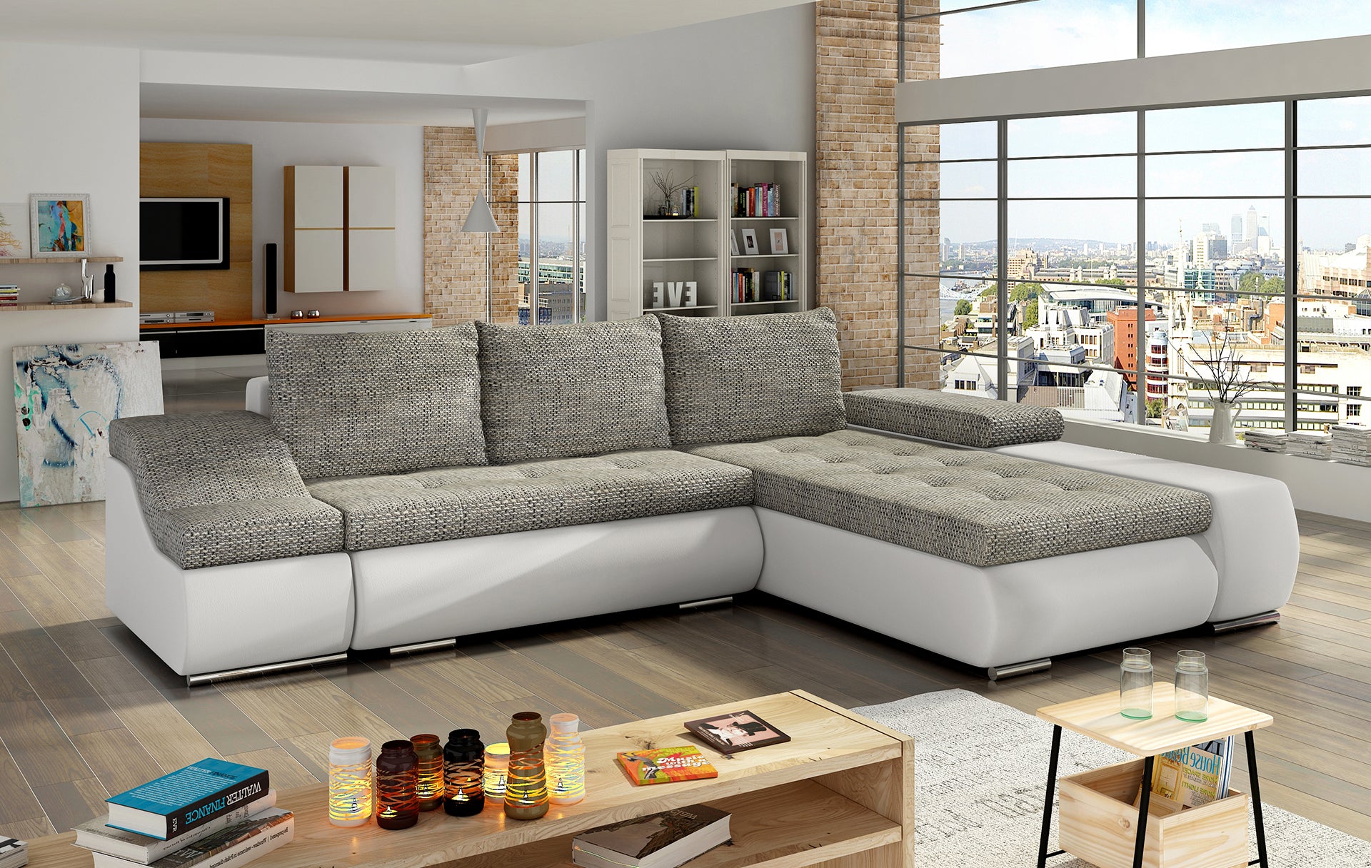 Szaro-biała sofa narożna Ontario wykonana z materiałów Berlin 01 i Soft 17 to doskonały wybór do wnętrz, gdzie liczy się komfort i lekkość aranżacji, zapewniając wygodną przestrzeń do codziennego relaksu