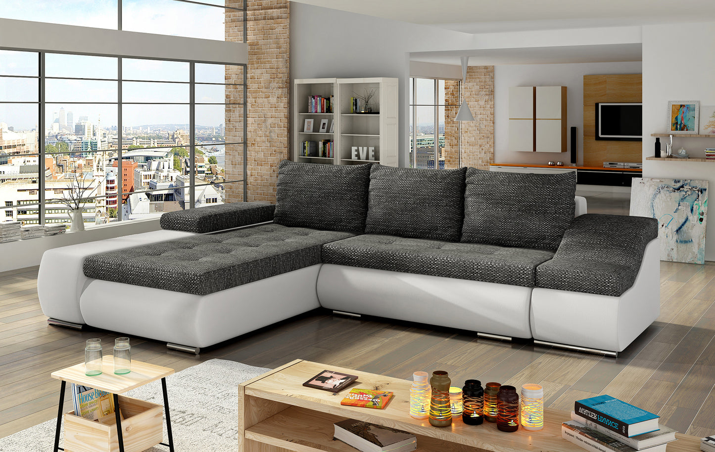 Czarno-biała sofa narożna Ontario wykonana z materiałów Berlin 02 i Soft 17 przyciąga uwagę eleganckim zestawieniem kolorów, zapewniając komfort użytkowania oraz stylowy wygląd dopasowany do nowoczesnych wnętrz