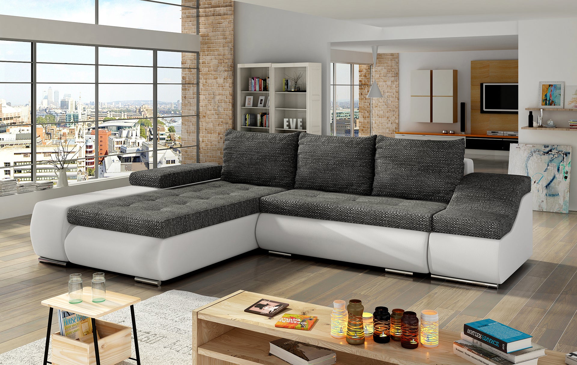 Czarno-biała sofa narożna Ontario wykonana z materiałów Berlin 02 i Soft 17 przyciąga uwagę eleganckim zestawieniem kolorów, zapewniając komfort użytkowania oraz stylowy wygląd dopasowany do nowoczesnych wnętrz