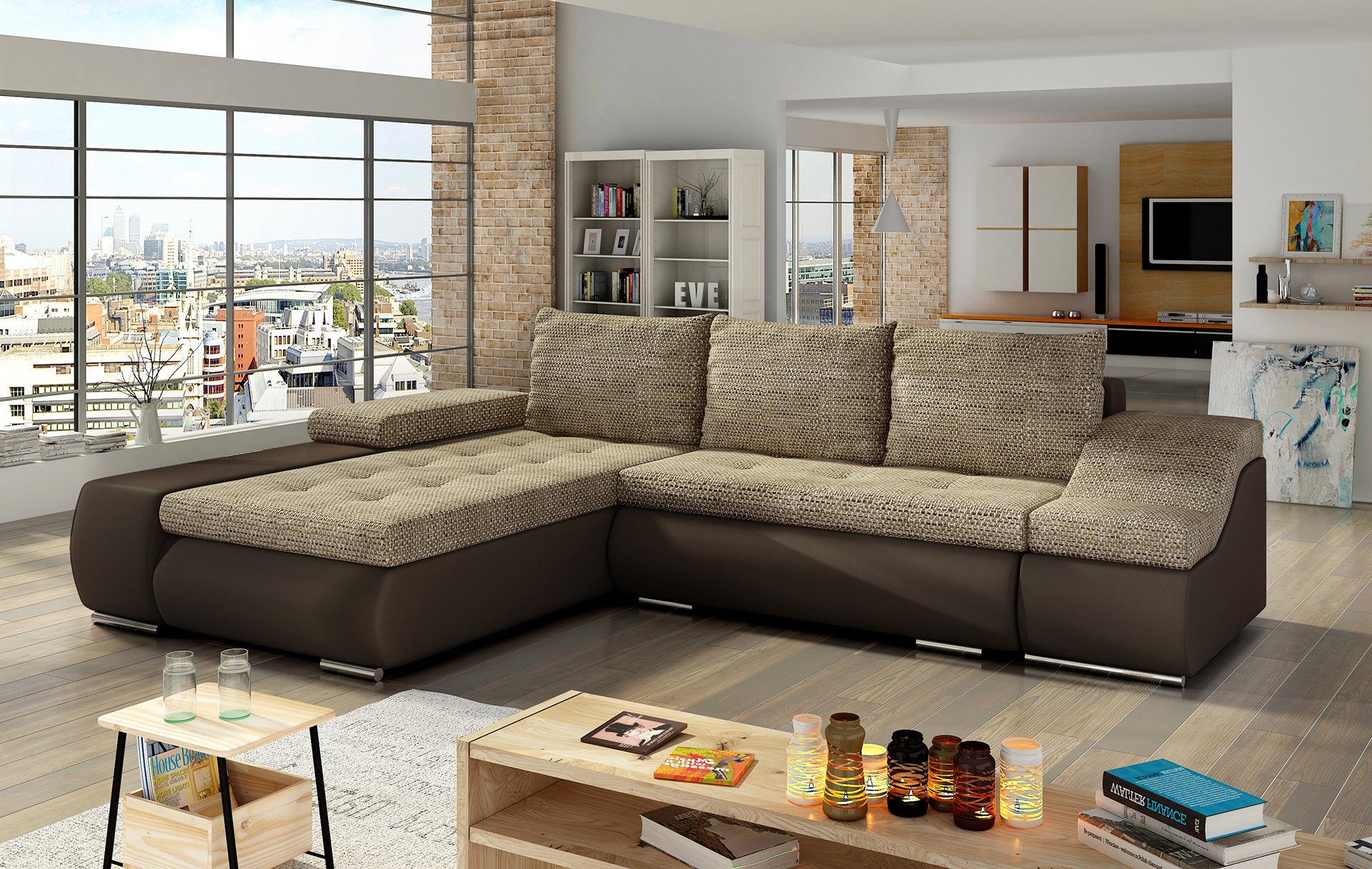 Sofa narożna Ontario wykonana z materiałów Berlin 03 i Soft 66 w odcieniach beżu i brązu doskonale wpisuje się w ciepłe aranżacje wnętrz, oferując wygodę użytkowania i stylowy wygląd do nowoczesnego salonu