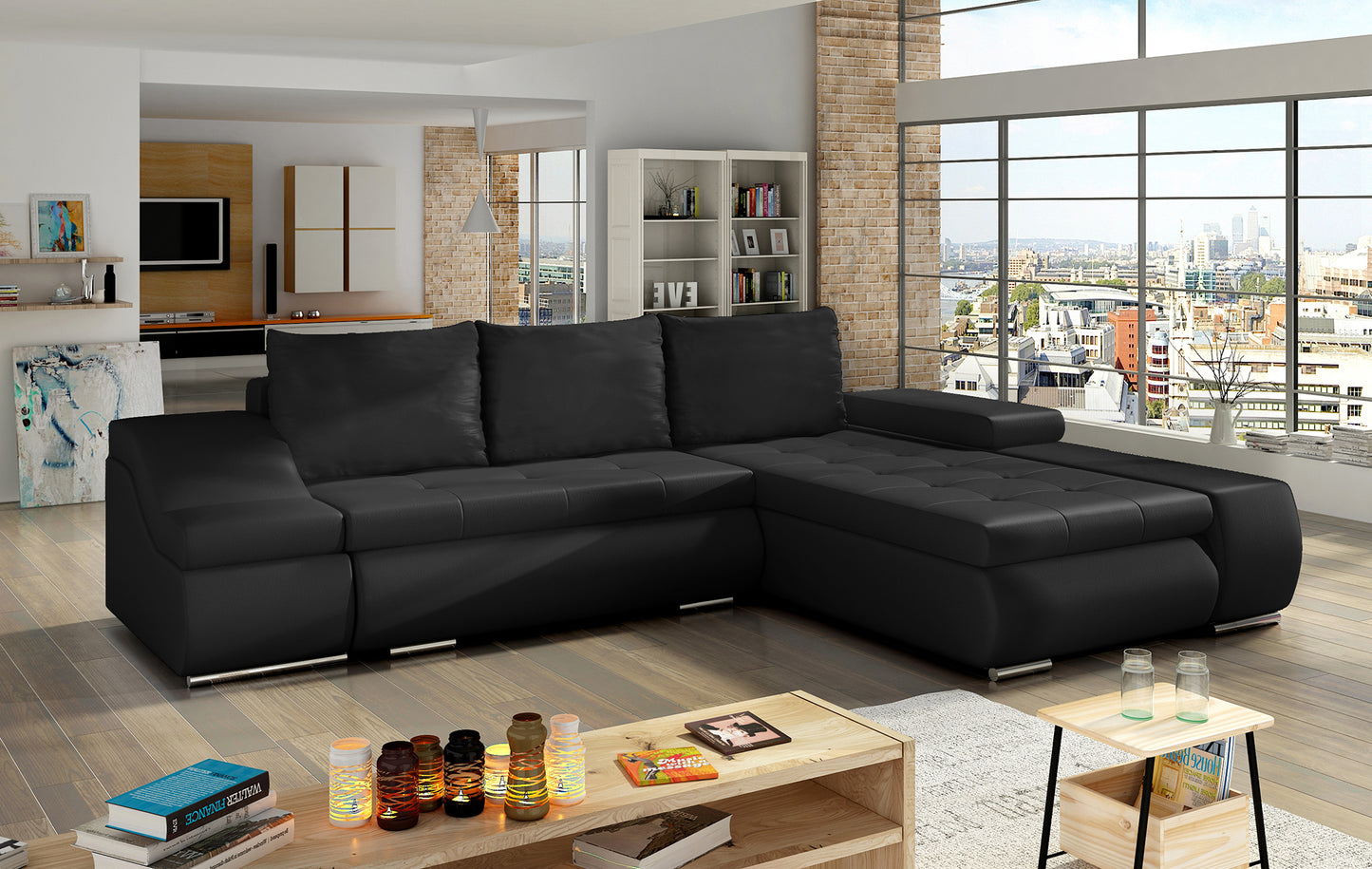 Czarna sofa narożna Ontario wykonana z materiału Soft 11 doskonale pasuje do wnętrz w stylu loftowym i nowoczesnym, oferując komfortowe siedziska oraz stylowy wygląd podkreślający charakter aranżacji