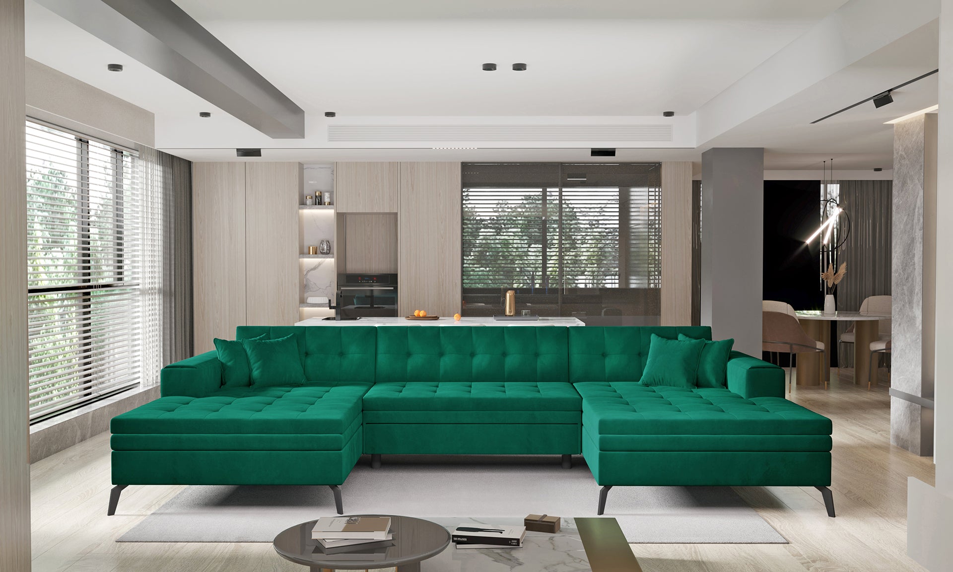 Zielona sofa narożna Vertizo wykonana z materiału Nube 35 to propozycja dla osób ceniących komfort i styl, zapewniająca przestronne siedziska oraz przyjemną w dotyku powierzchnię do codziennego relaksu w domu