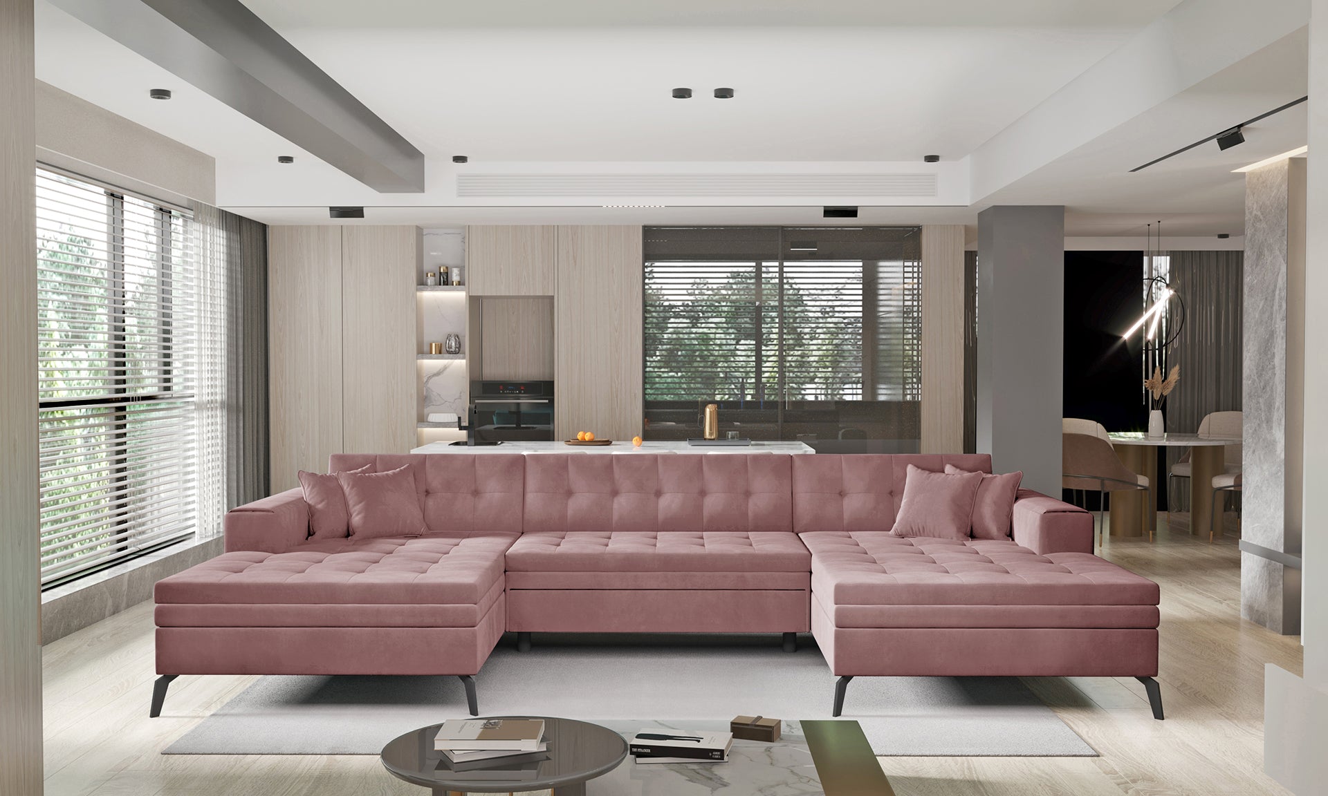 Różowa sofa narożna Vertizo wykonana z przyjemnej w dotyku tkaniny Velvetmat 24 doskonale sprawdzi się jako wygodny mebel do salonu, łącząc funkcjonalność z dekoracyjnym charakterem i subtelną elegancją