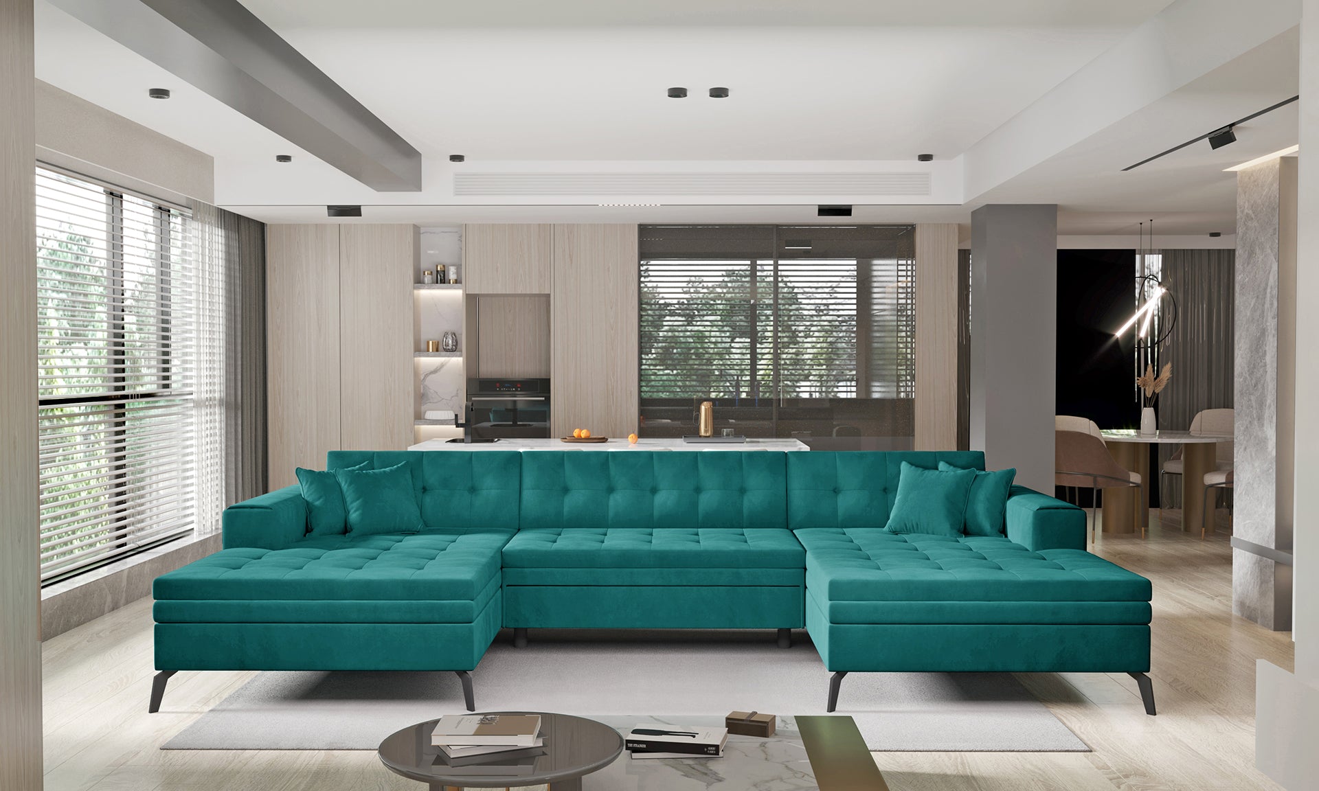 Zielona sofa narożna Vertizo wykonana z przyjemnej w dotyku tkaniny Velvetmat 38 to idealny wybór do salonu, oferujący wygodne siedziska oraz estetyczny wygląd dopasowany do nowoczesnych aranżacji wnętrz