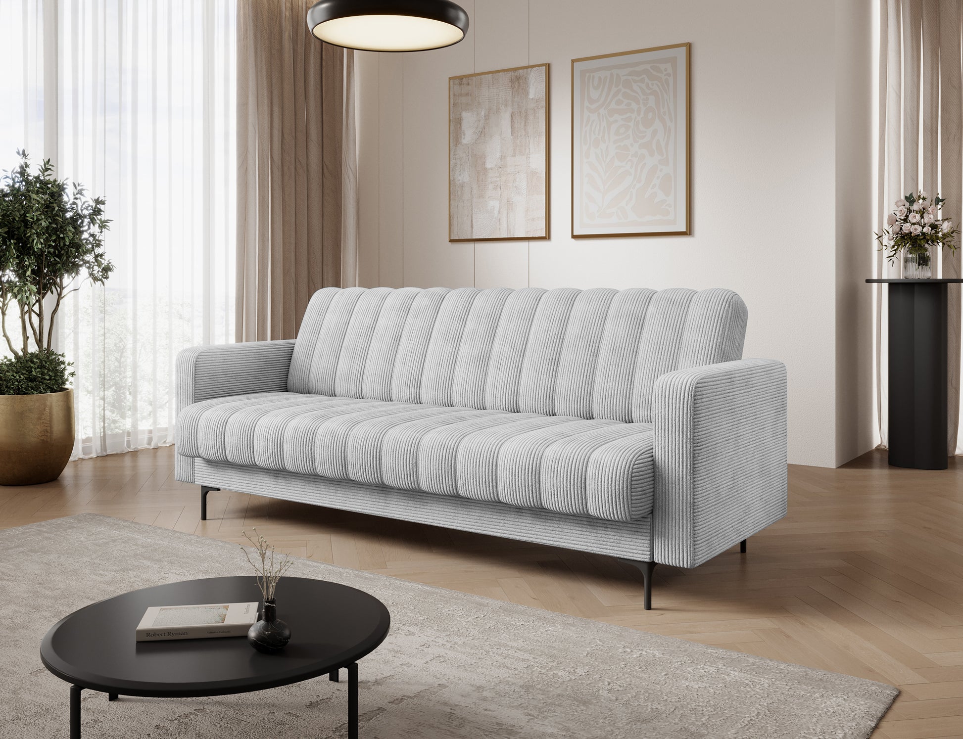 Jasnoszara sofa Roneyy z tkaniny Jarell 04 na wysokich nogach, widok z ukosa, elegancka forma i nowoczesny styl.