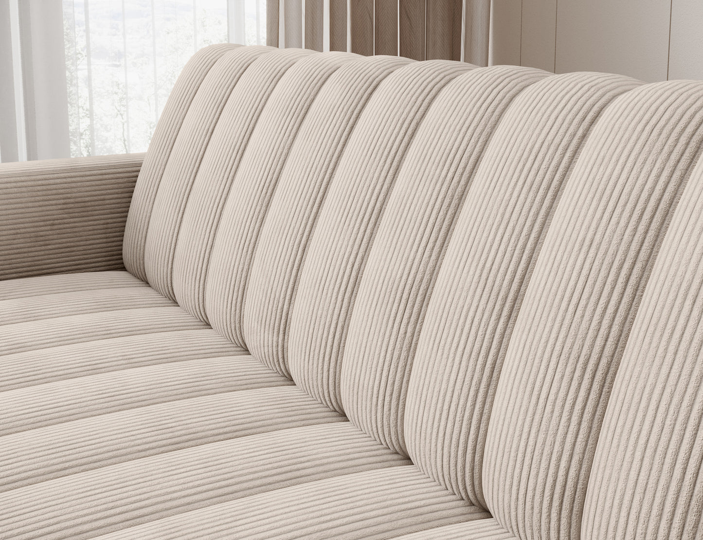 Pikowane oparcie sofy Roneyy Jarell 18 – miękka struktura tkaniny i pionowe przeszycia w beżowym kolorze