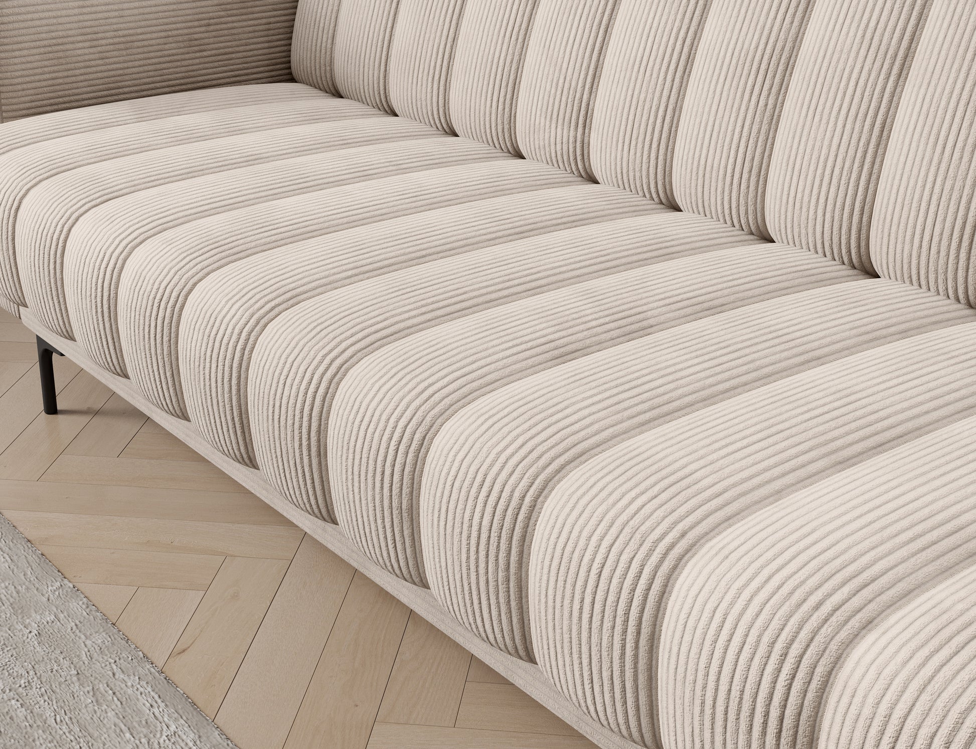 Tapicerowane siedzisko sofy Roneyy Jarell 18 – komfortowy welur w jasnobeżowym odcieniu z pionowym wzorem