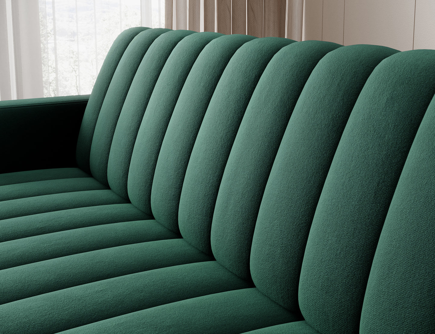 Pionowe przeszycia na oparciu sofy Roneyy Lukso 35 zielony wykonane z miękkiej tkaniny, zapewniające nowoczesny styl i komfort