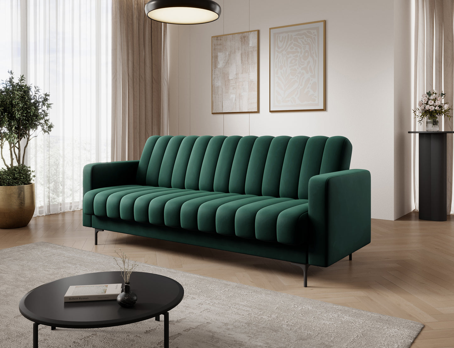 Wersalka Roneyy Lukso 35 w aranżacji salonu – elegancka sofa w odcieniu zielonym z funkcją spania i praktycznym pojemnikiem.