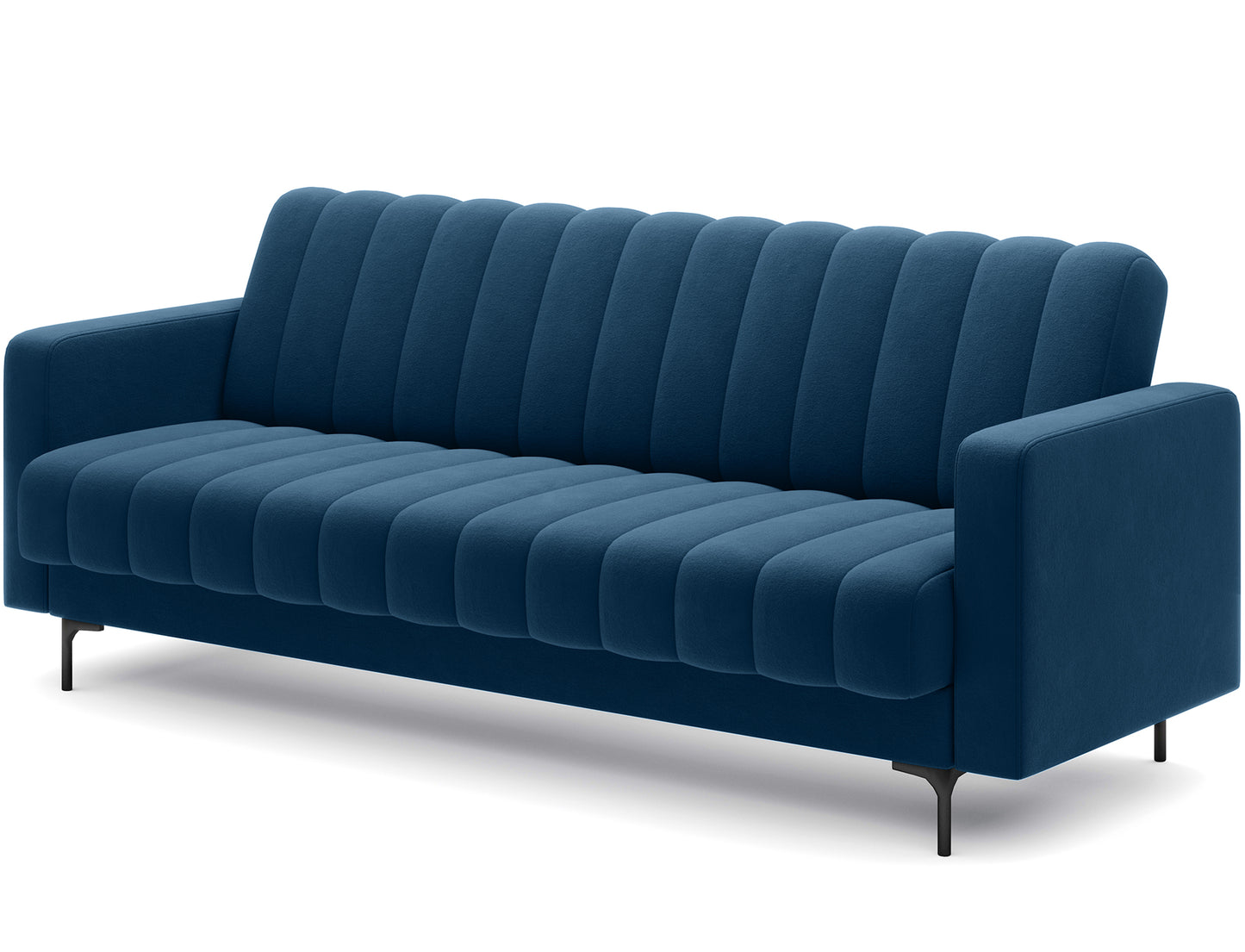 Stylowa sofa Roneyy w tkaninie granatowej, ujęcie skośne – nowoczesna forma i elegancka kolorystyka.