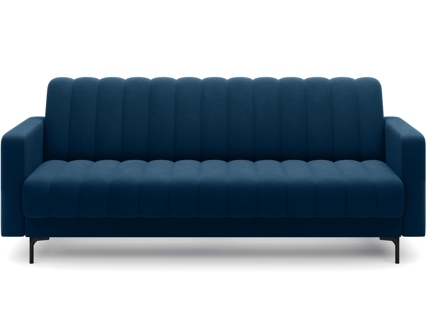 Nowoczesna sofa Roneyy w kolorze granatowym – geometryczna forma i eleganckie detale w ujęciu frontalnym