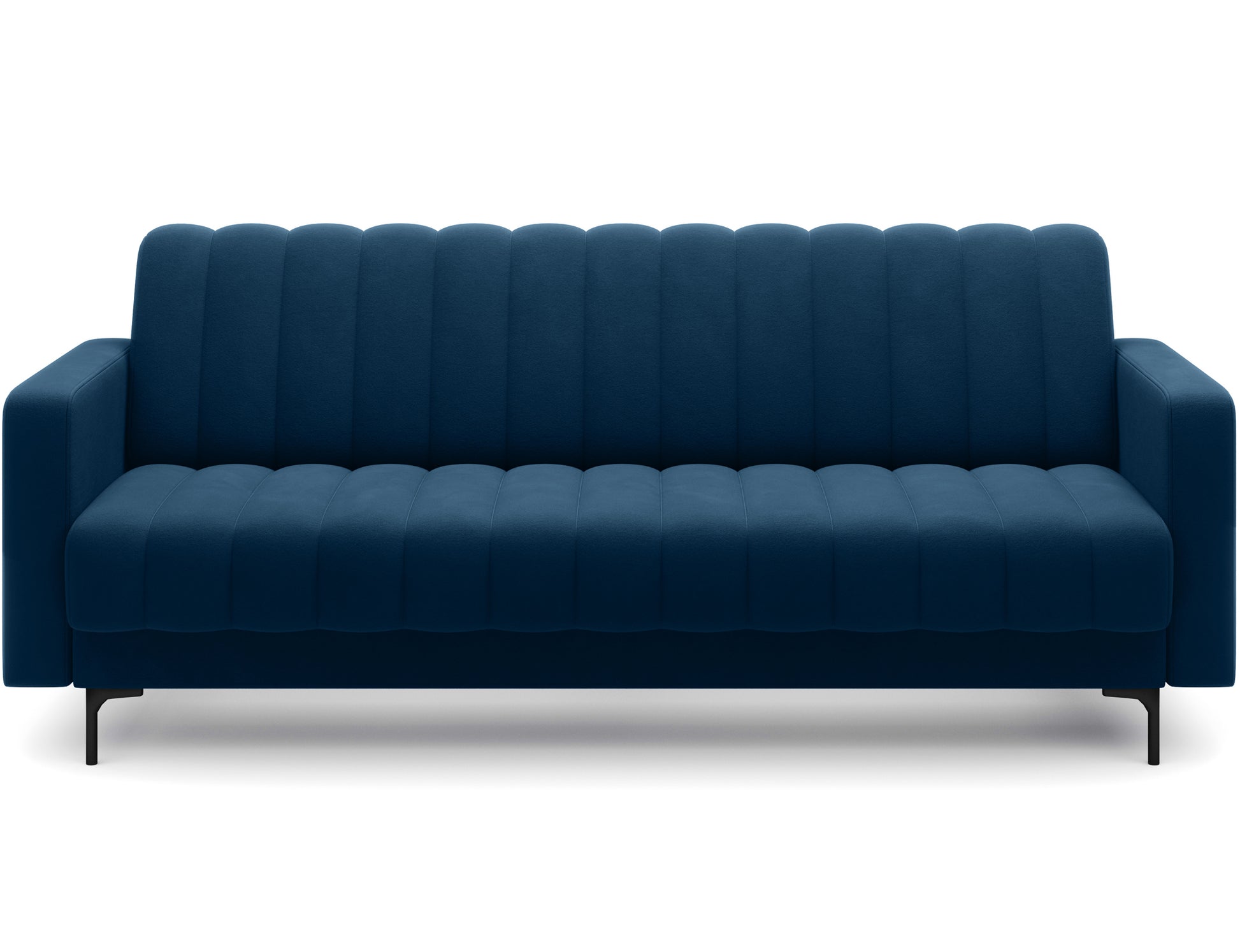Nowoczesna sofa Roneyy w kolorze granatowym – geometryczna forma i eleganckie detale w ujęciu frontalnym