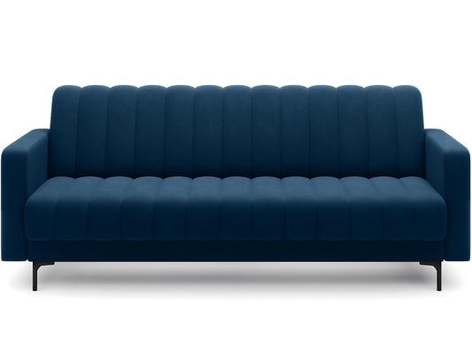 Nowoczesna sofa Roneyy w kolorze granatowym – geometryczna forma i eleganckie detale w ujęciu frontalnym