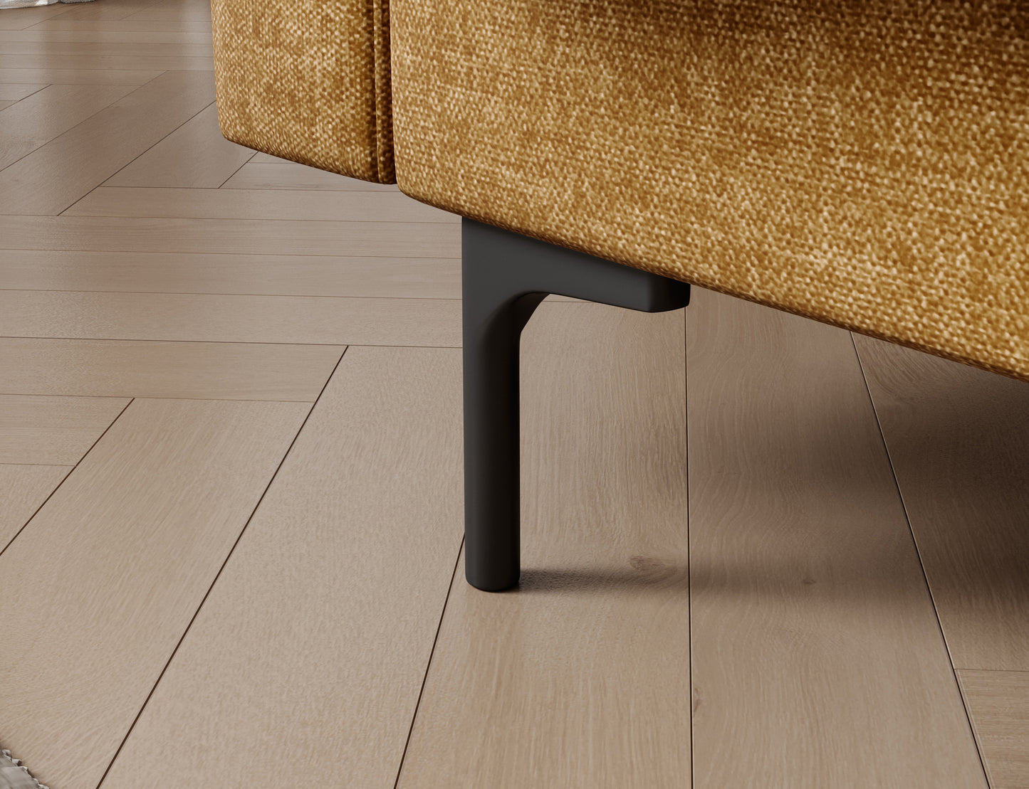 Czarna nóżka wersalki Roneyy Manhattan 45 żółtej – lekka i stabilna podstawa, umożliwiająca łatwe sprzątanie pod meblem.