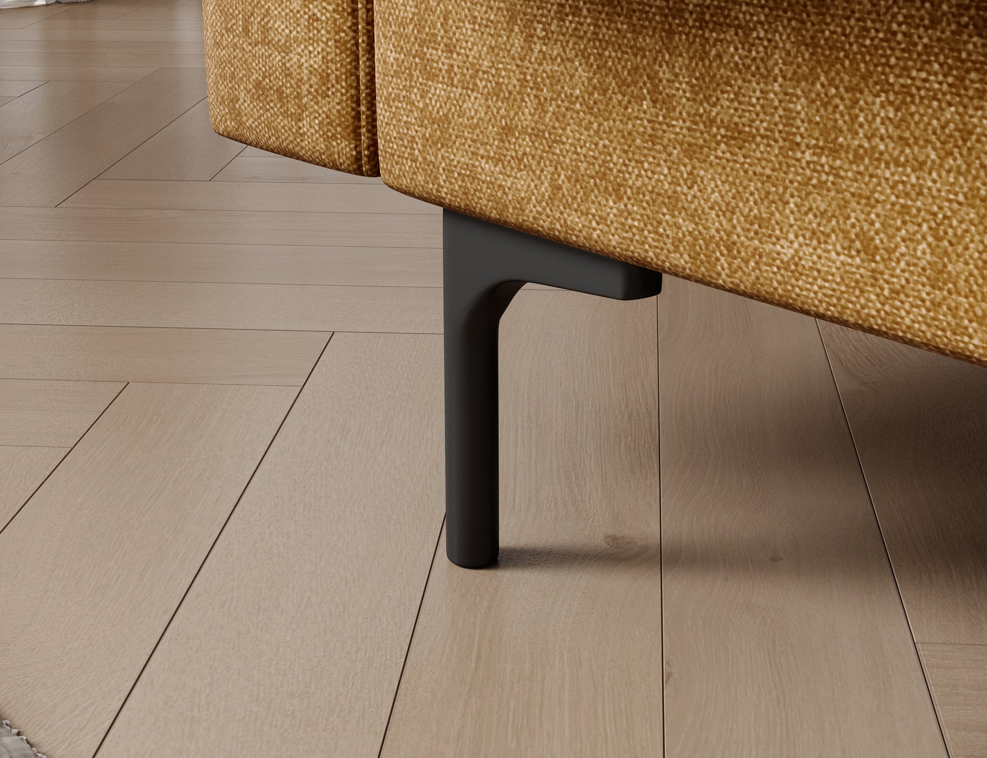 Czarna nóżka wersalki Roneyy Manhattan 45 żółtej – lekka i stabilna podstawa, umożliwiająca łatwe sprzątanie pod meblem.