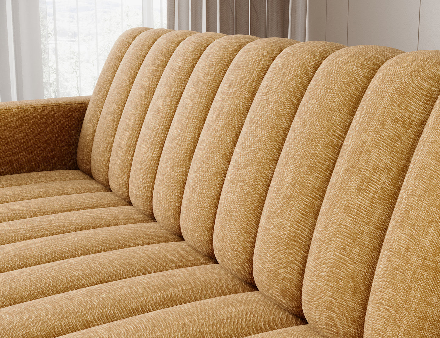 Pikowane oparcie wersalki Roneyy Manhattan 45 w kolorze żółtym – miękka tapicerka, pionowe przeszycia i ergonomiczna forma.