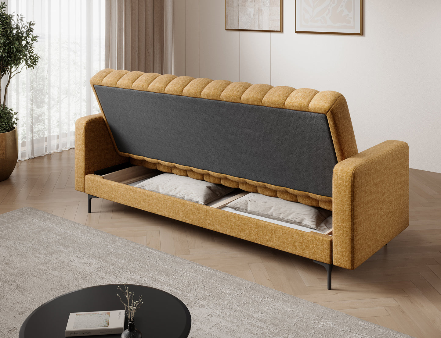 Żółta wersalka Roneyy Manhattan 45 z otwartym pojemnikiem – praktyczne miejsce do przechowywania pościeli, koców i tekstyliów.