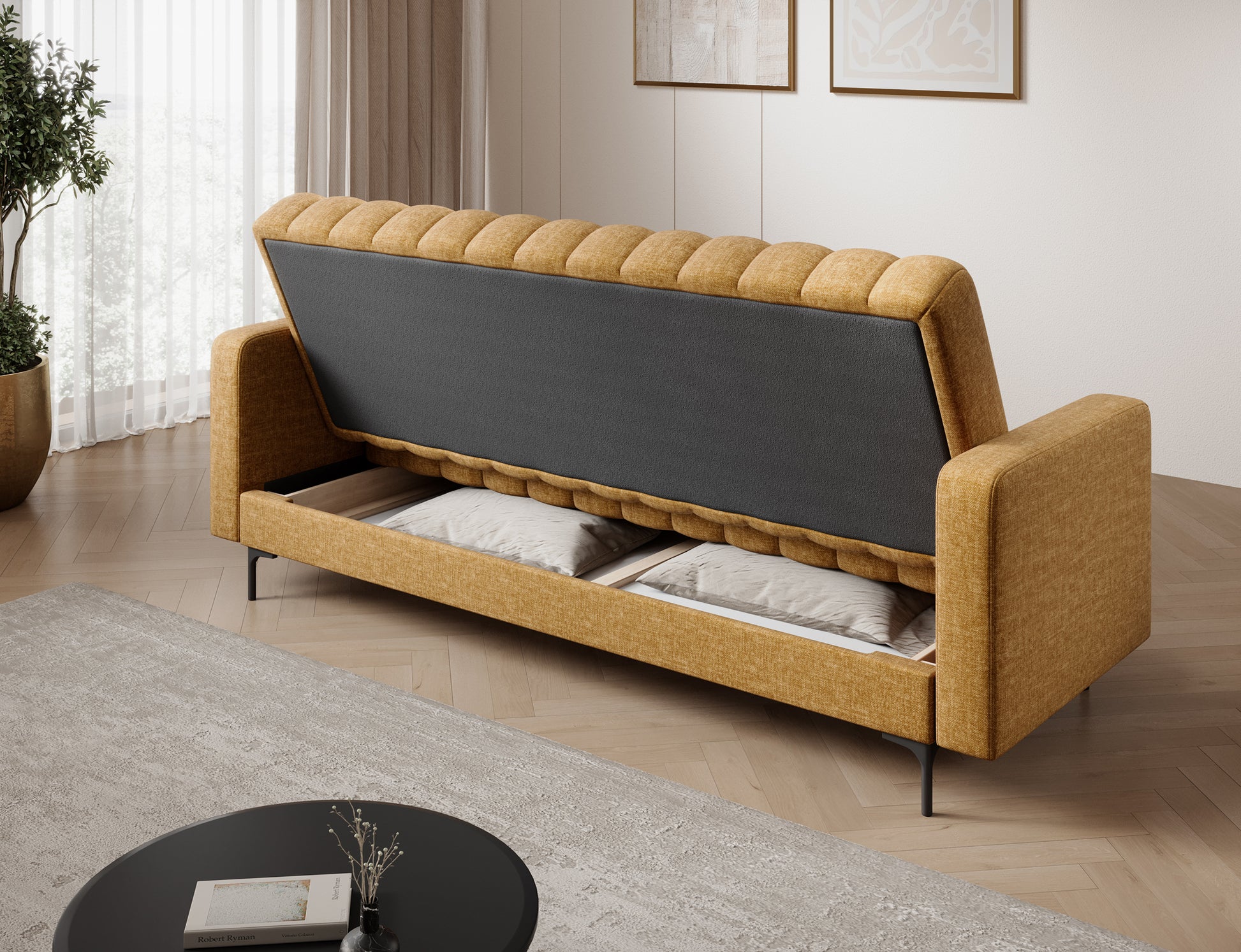 Żółta wersalka Roneyy Manhattan 45 z otwartym pojemnikiem – praktyczne miejsce do przechowywania pościeli, koców i tekstyliów.