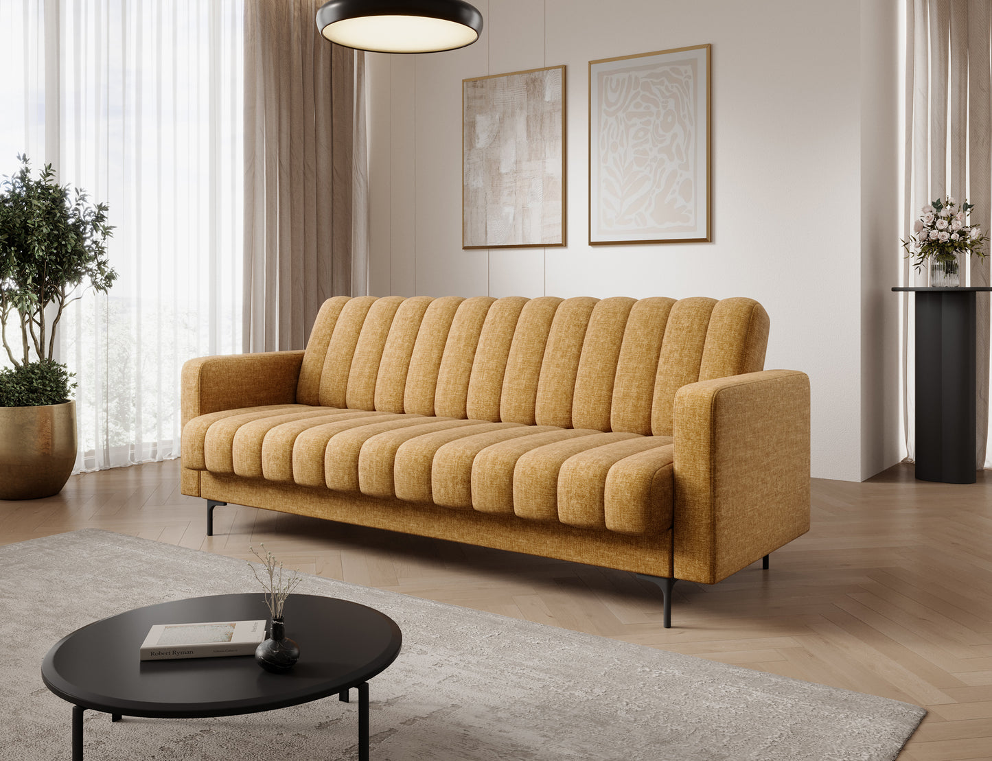 Wersalka Roneyy Manhattan 45 żółta w jasnym wnętrzu – tapczan z funkcją spania i pojemnikiem, idealny do przestrzeni rodzinnych.