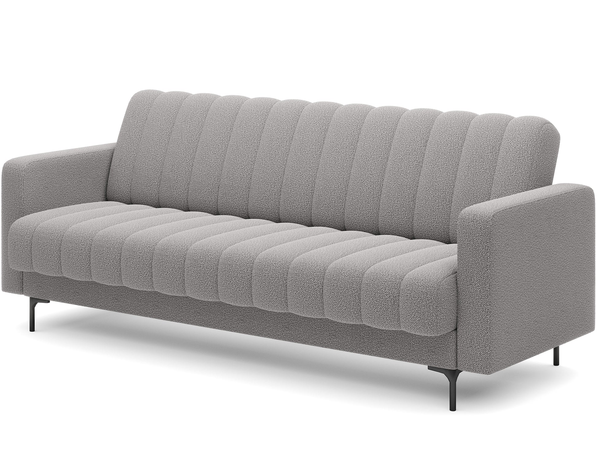 Skośne ujęcie sofy Roneyy Xillar 04 szary z widokiem na detale przeszyć i subtelną strukturę tkaniny.