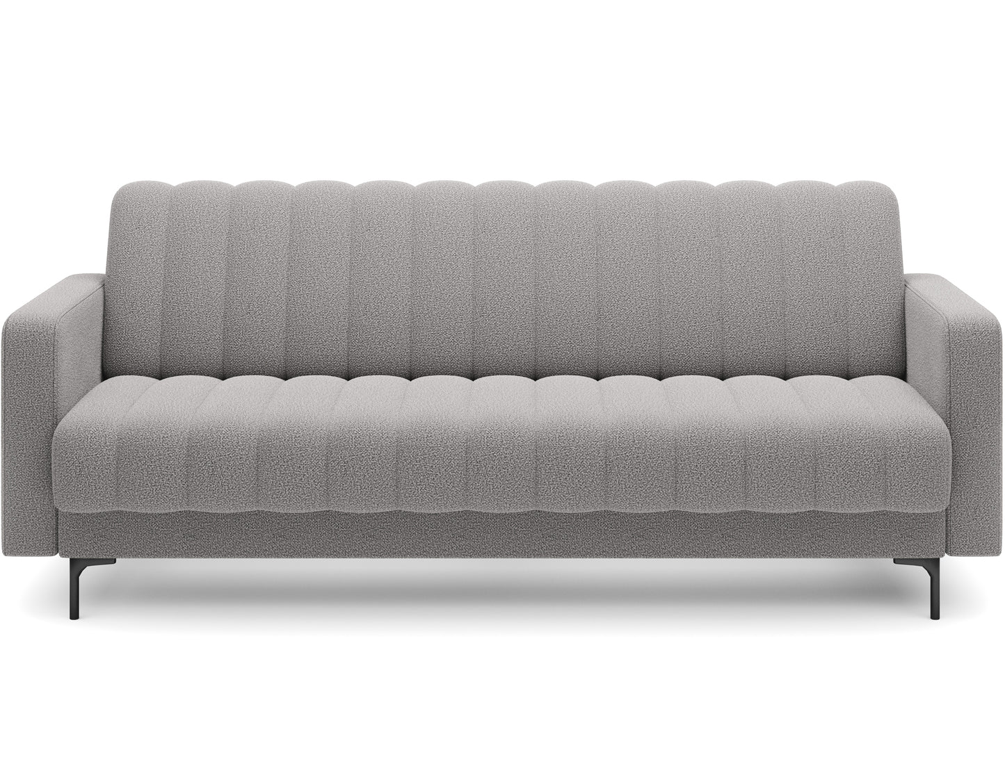 Sofa Roneyy Xillar 04 szary widziana od przodu – elegancki design, pionowe przeszycia i nowoczesne plastikowe nóżki.