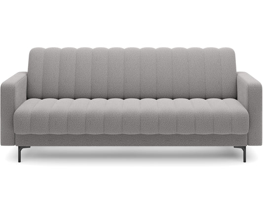 Sofa Roneyy Xillar 04 szary widziana od przodu – elegancki design, pionowe przeszycia i nowoczesne plastikowe nóżki.