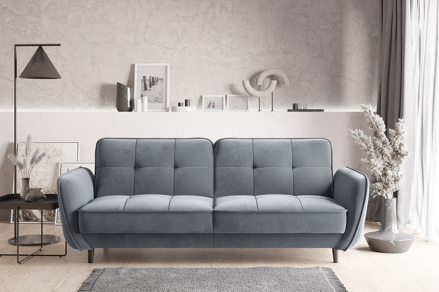 Jasnoszara sofa rozkładana Bellis z funkcją spania w aranżacji salonu