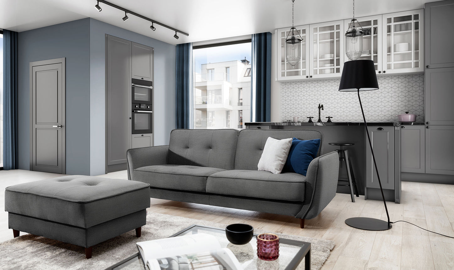 Szara sofa rozkładana Bellis z funkcją spania w aranżacji salonu