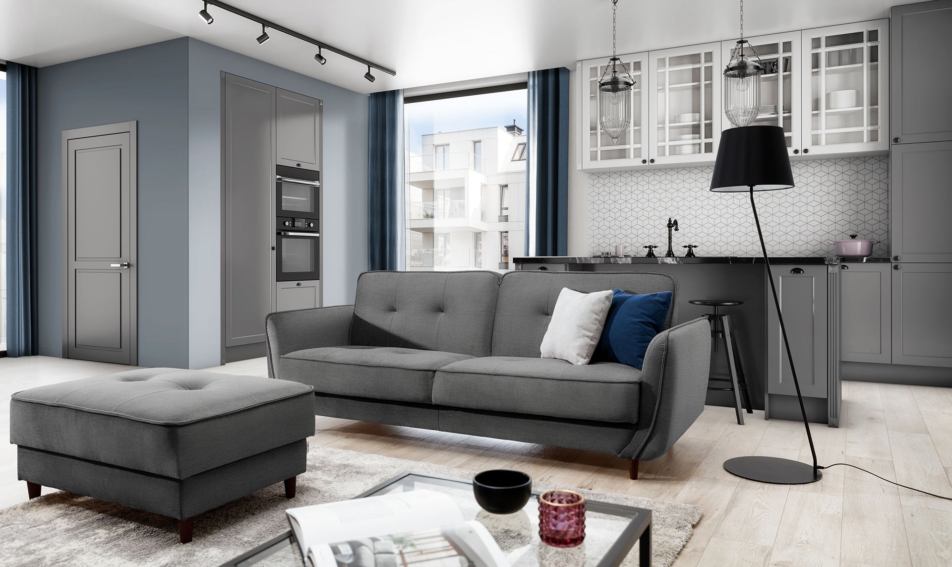 Szara sofa rozkładana Bellis z funkcją spania w aranżacji salonu