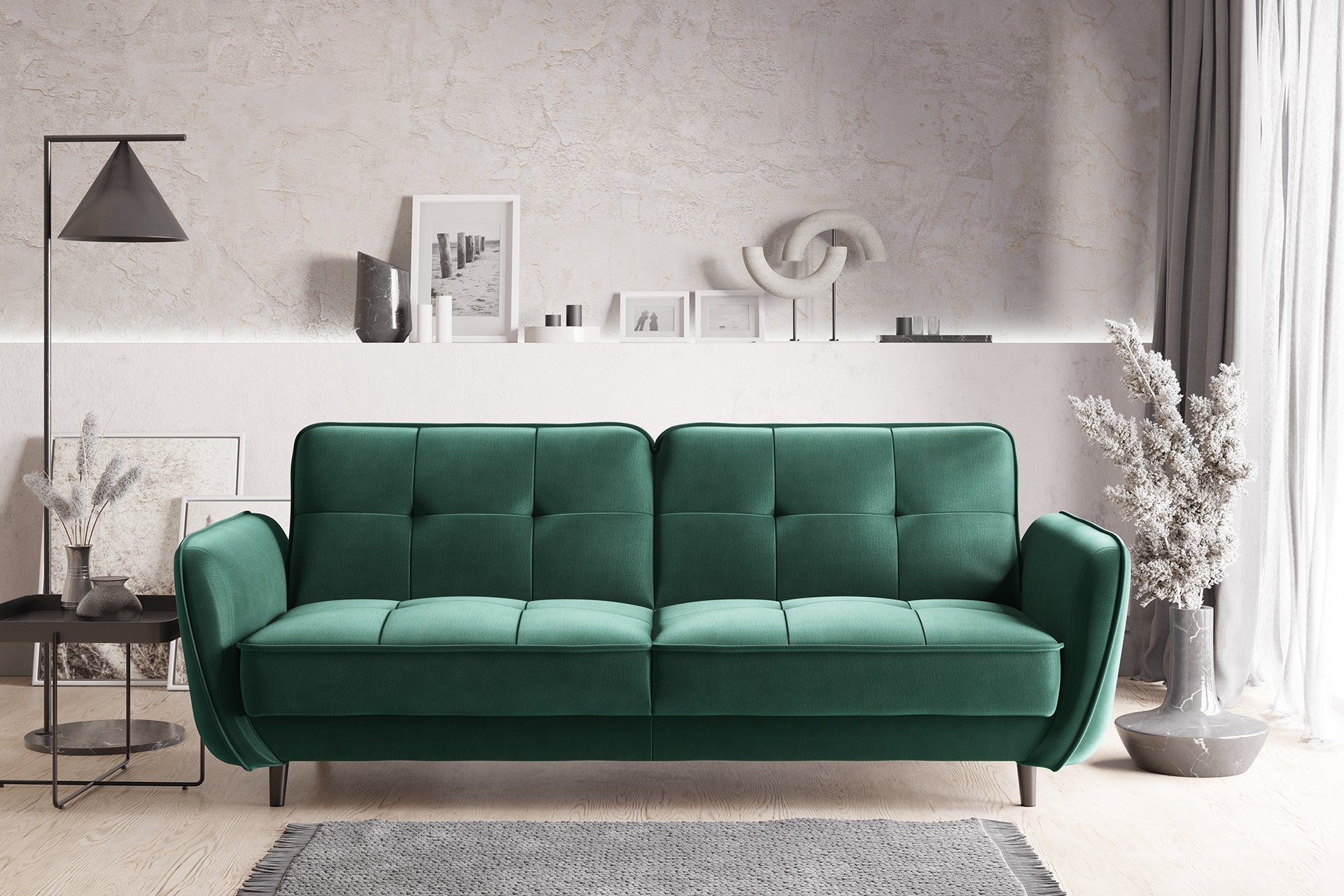 Zielona sofa rozkładana Bellis z funkcją spania w aranżacji salonu