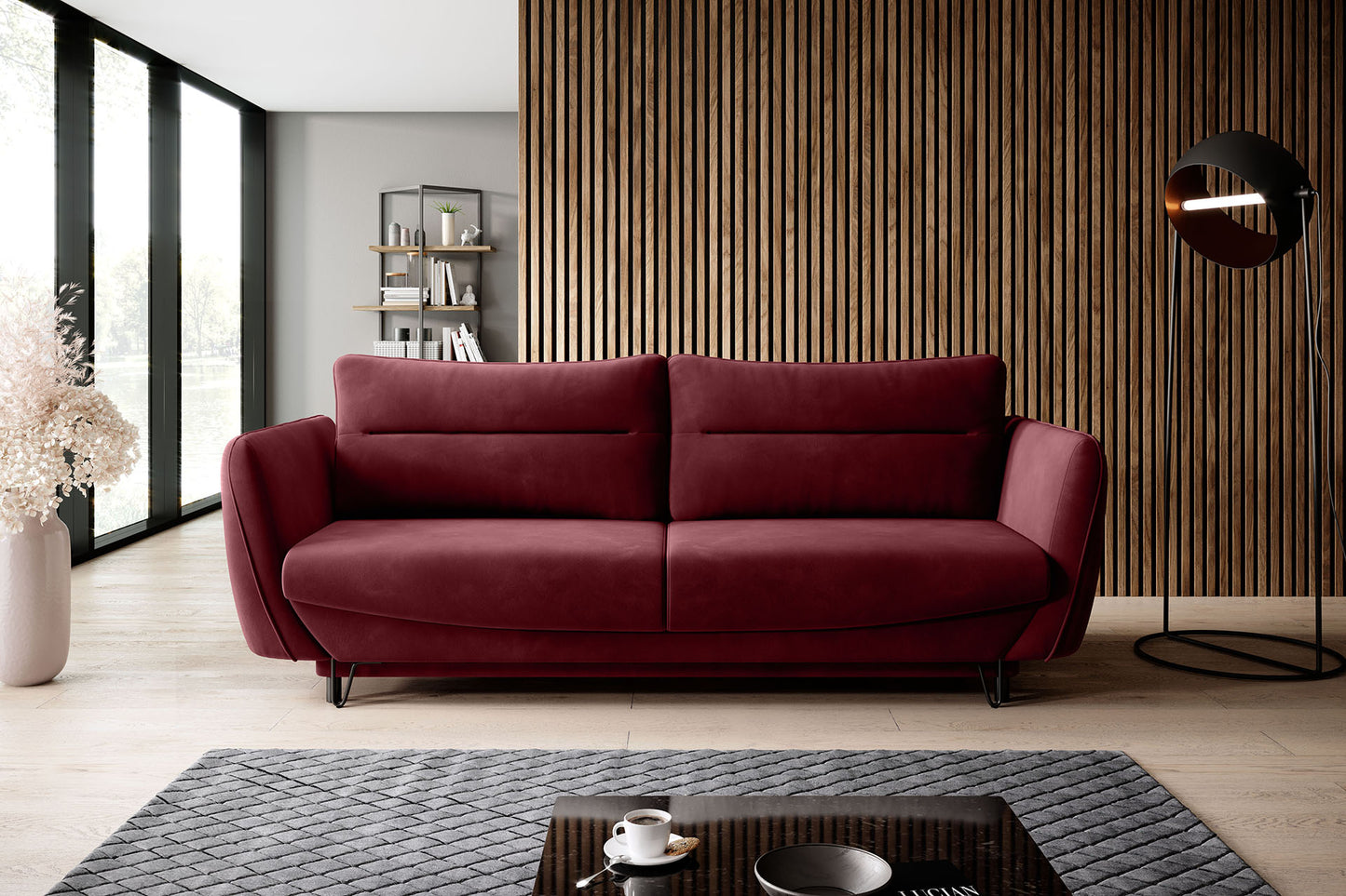Sofa Silva obita tkaniną Loco 25 w czerwonym odcieniu, z miękkim siedziskiem, dużymi poduszkami i energetycznym wyglądem pasującym do nowoczesnych oraz kreatywnych aranżacji.