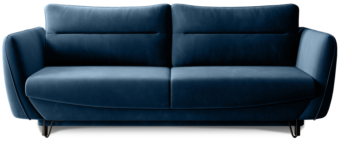 Sofa Silva obita tkaniną Lukso 40 w granatowym odcieniu, z miękkim siedziskiem, dużymi poduszkami i eleganckim wykończeniem pasującym do nowoczesnych oraz klasycznych wnętrz.