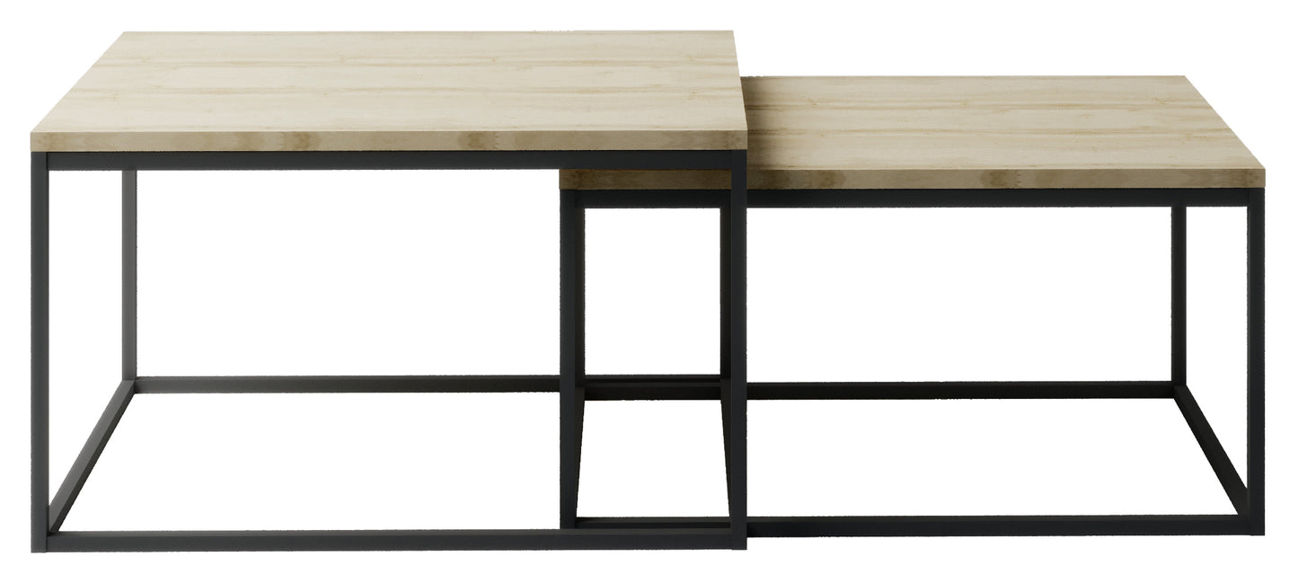 Zestaw stolików kawowych Clar w kolorze brązowym – dwa prostokątne stoliki o blatów z jasnobrązowego drewna i czarnych, metalowych ramach w stylu industrialnym.