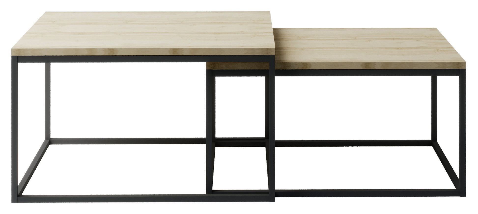 Zestaw stolików kawowych Clar w kolorze brązowym – dwa prostokątne stoliki o blatów z jasnobrązowego drewna i czarnych, metalowych ramach w stylu industrialnym.
