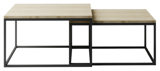 Zestaw stolików kawowych Clar w kolorze brązowym – dwa prostokątne stoliki o blatów z jasnobrązowego drewna i czarnych, metalowych ramach w stylu industrialnym.