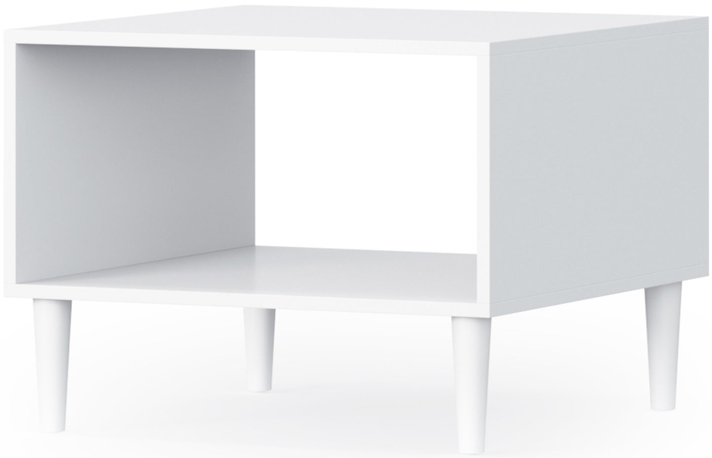 Perspektywiczne ujęcie białego stolika kawowego Dullum – widok z boku, podkreślający geometryczny kształt i minimalistyczny styl.